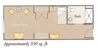 Floor plan of a senior living unit approximately 350 square feet, featuring a living area with optional kitchenette, a closet, a bathroom with a toilet, sink, and shower, and an entry door.