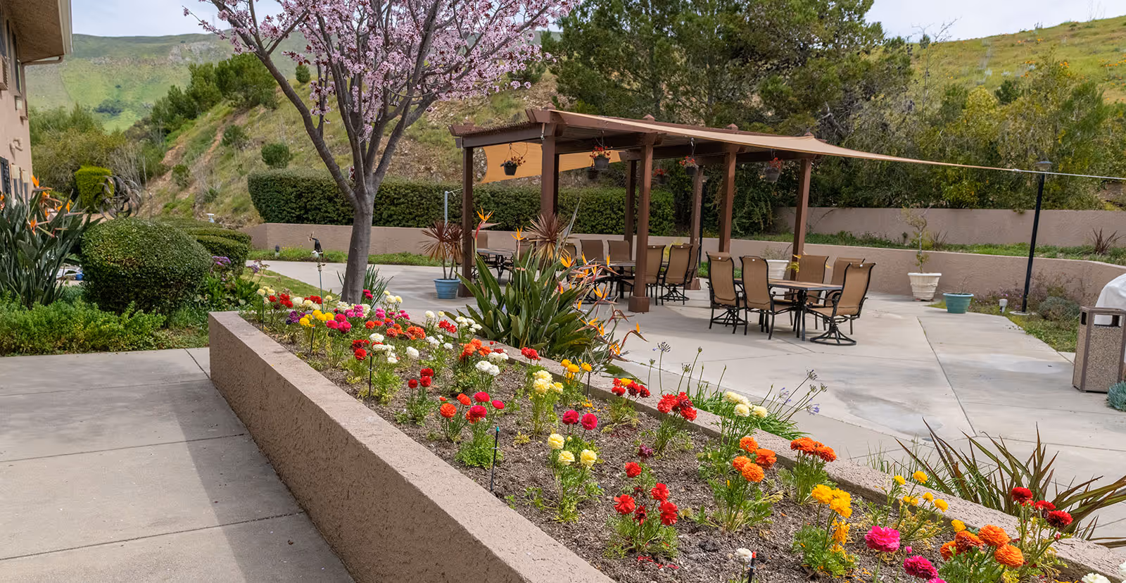 Landscaped outdoor courtyard with a raised flowerbed of colorful flowers, a pergola-covered seating area with tables and chairs, and hills in the background.