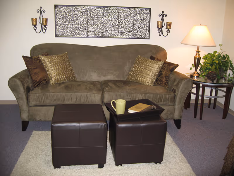 Green upholstered sofa with decorative pillows, two brown ottomans in front, and a side table with a lamp and plant under wall decor.