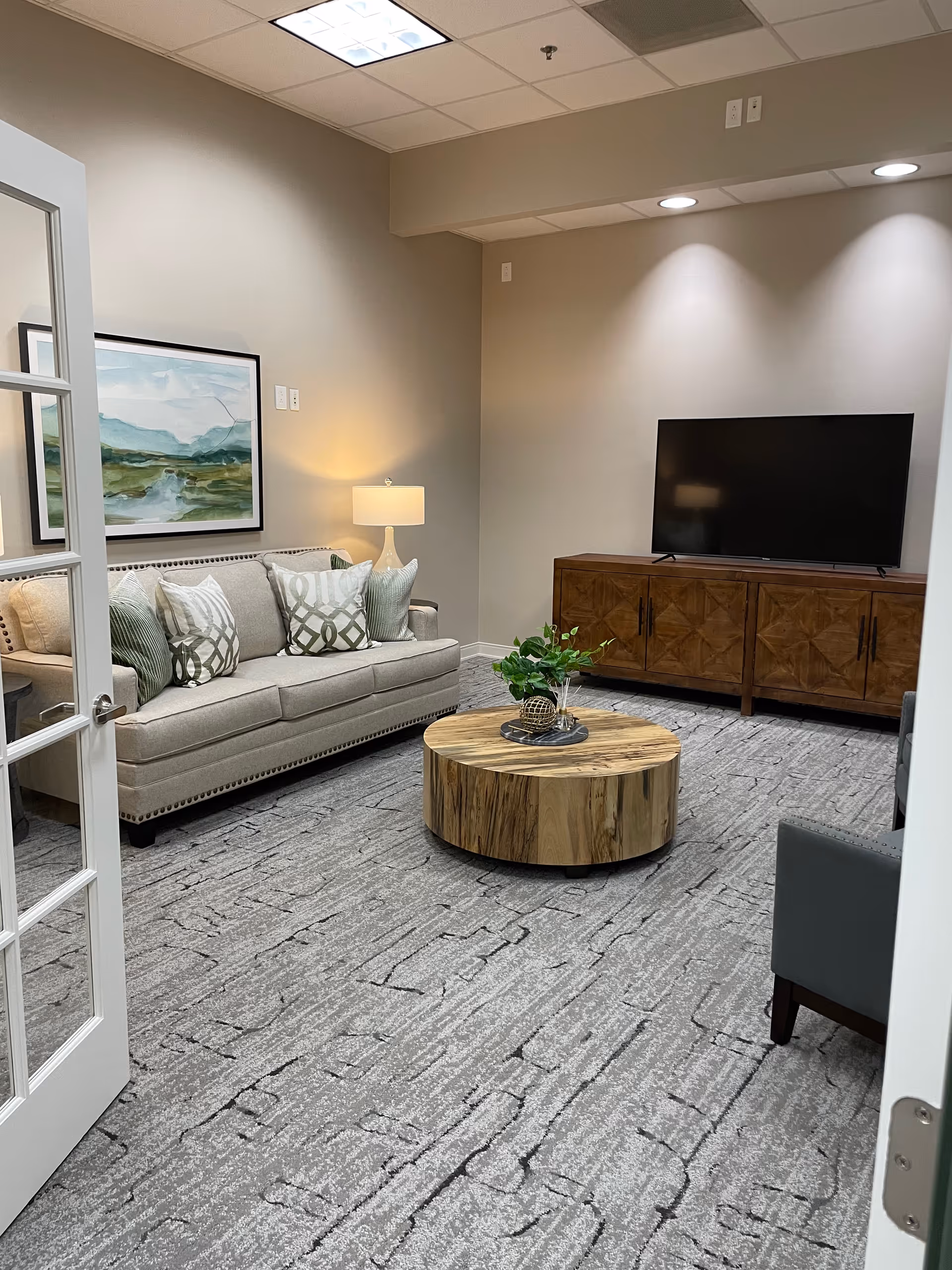 Comfortable living room with a sofa, patterned pillows, round wooden coffee table, and a TV on a wooden console.
