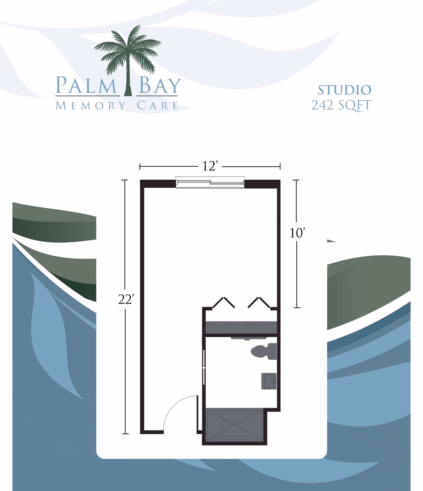 Floor plan of a studio apartment at Palm Bay Memory Care, showing a 242 square foot layout with dimensions 12 feet by 22 feet. The plan includes a main living area and a small bathroom with a toilet and sink.