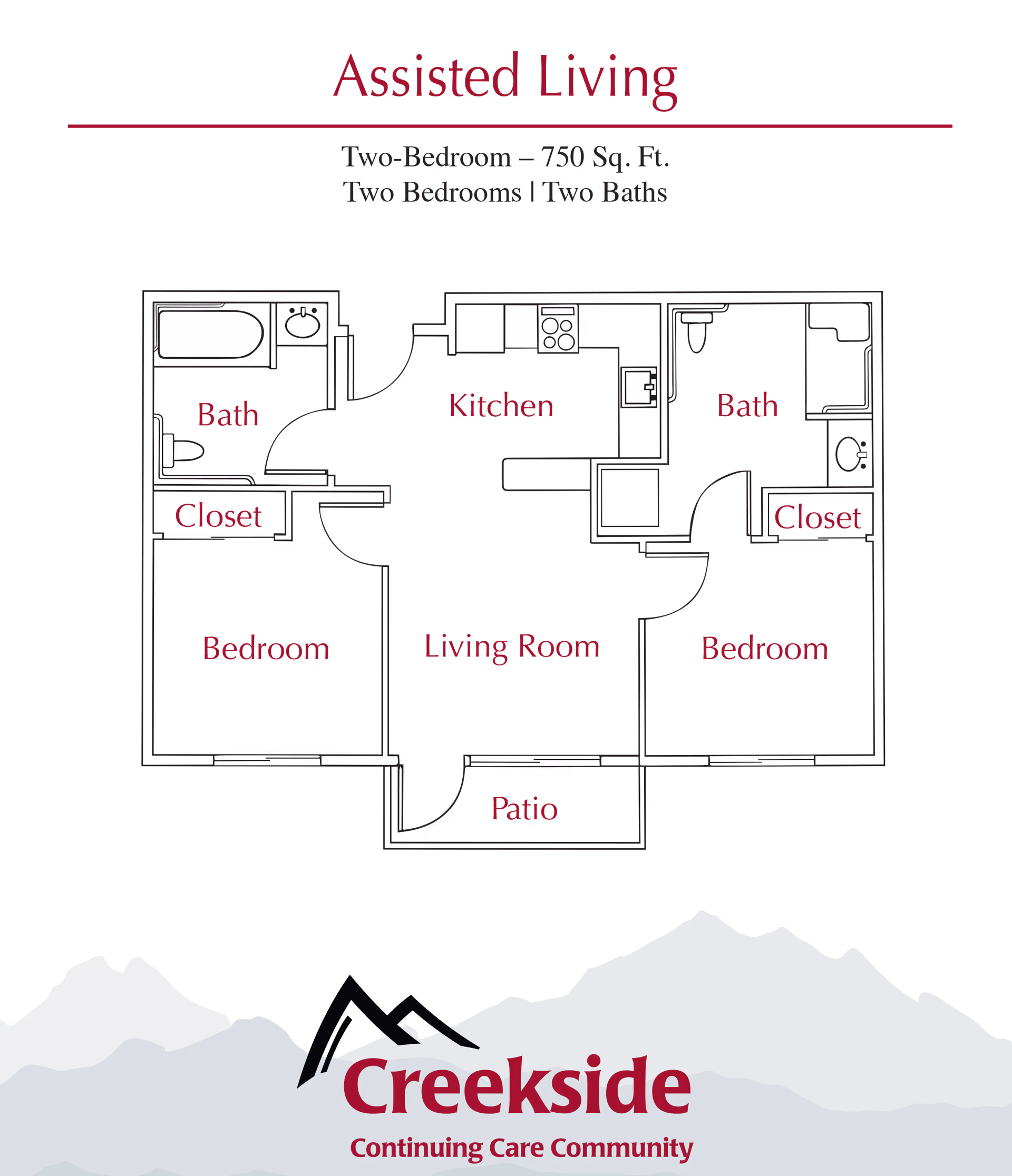 Floor plan of an assisted living two-bedroom, two-bath apartment with 750 square feet. The layout includes two bedrooms each with a closet, two bathrooms, a kitchen, a living room, and a patio. The image also features the Creekside Continuing Care Community logo at the bottom with mountain graphics.
