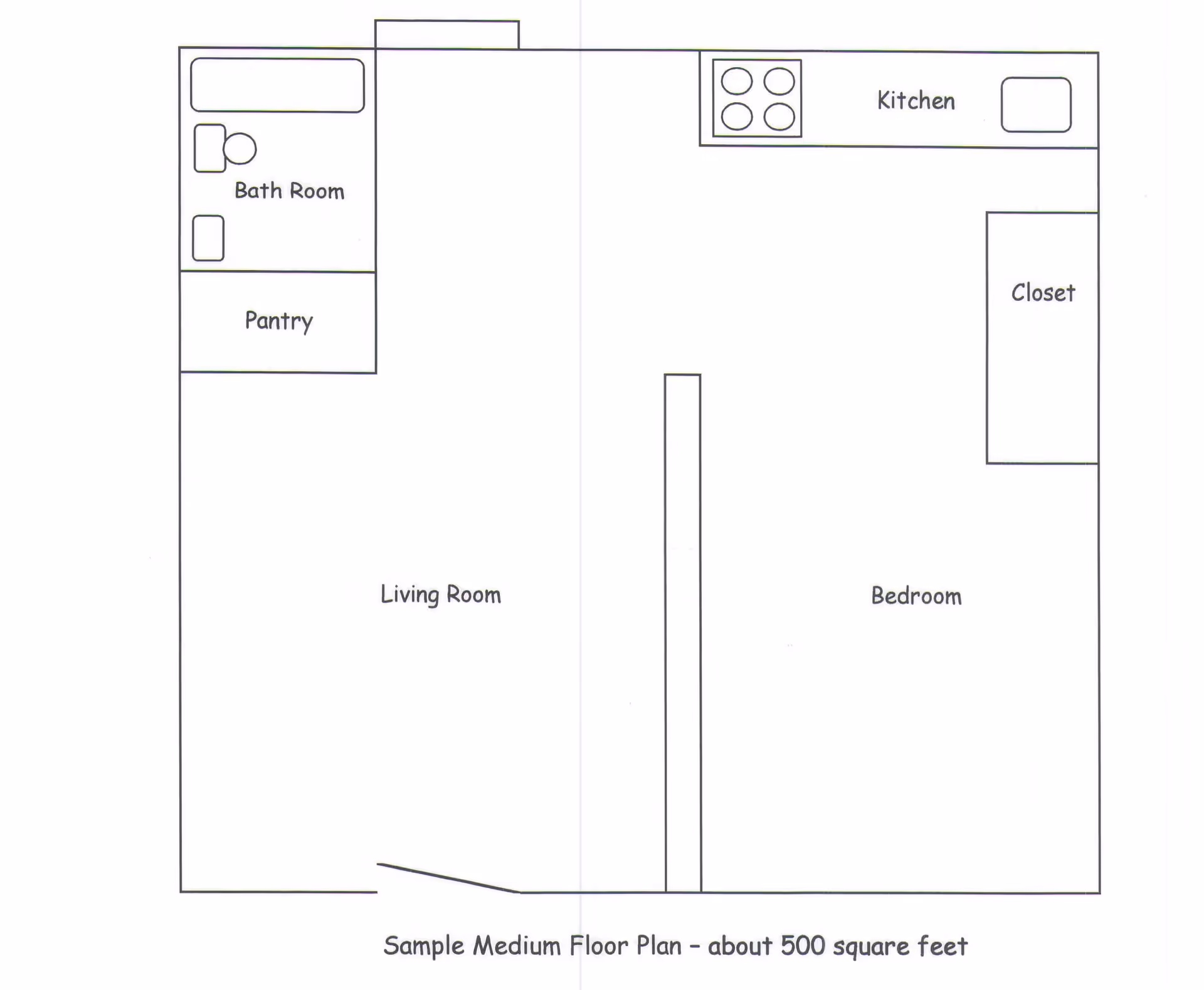 A simple black and white floor plan of a medium-sized apartment of about 500 square feet, showing labeled areas including a bathroom with toilet and sink, pantry, living room, kitchen with stove and sink, closet, and bedroom.