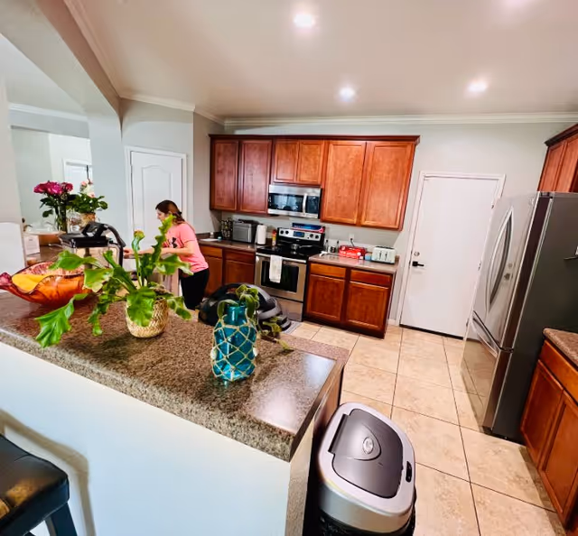 A modern kitchen with wooden cabinets, stainless steel appliances including a refrigerator, stove, and microwave. A woman in a pink shirt is seen cleaning or organizing near the counter. The kitchen has tiled floors and a granite countertop with decorative plants and a bowl.