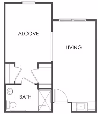 Floor plan layout showing an alcove, living area, and a bathroom with a toilet, sink, and shower.