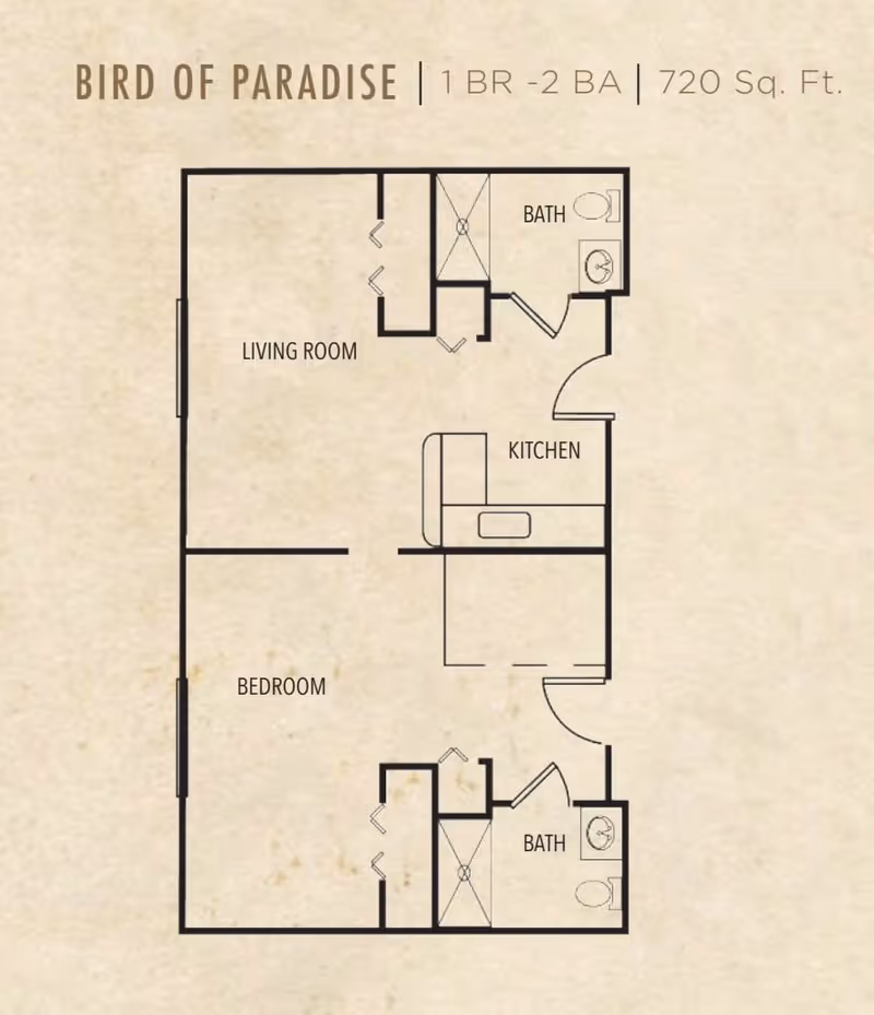 Floor plan labeled Bird of Paradise showing a 1 bedroom, 2 bathroom apartment with 720 square feet. The layout includes a living room, bedroom, kitchen, and two bathrooms.