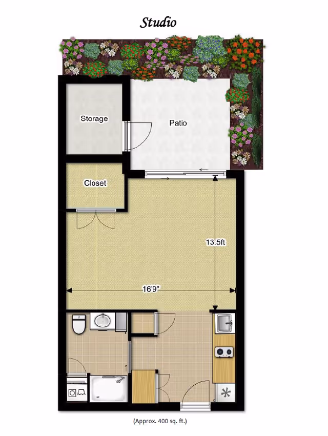 Floor plan of a studio apartment at Foulkeways at Gwynedd showing a patio with surrounding flowers, a storage room, a closet, a combined living and sleeping area measuring 16 feet 9 inches by 13 feet 5 inches, a bathroom with a toilet, sink, and bathtub, and a kitchen area with a sink, stove, and refrigerator. The total area is approximately 400 square feet.