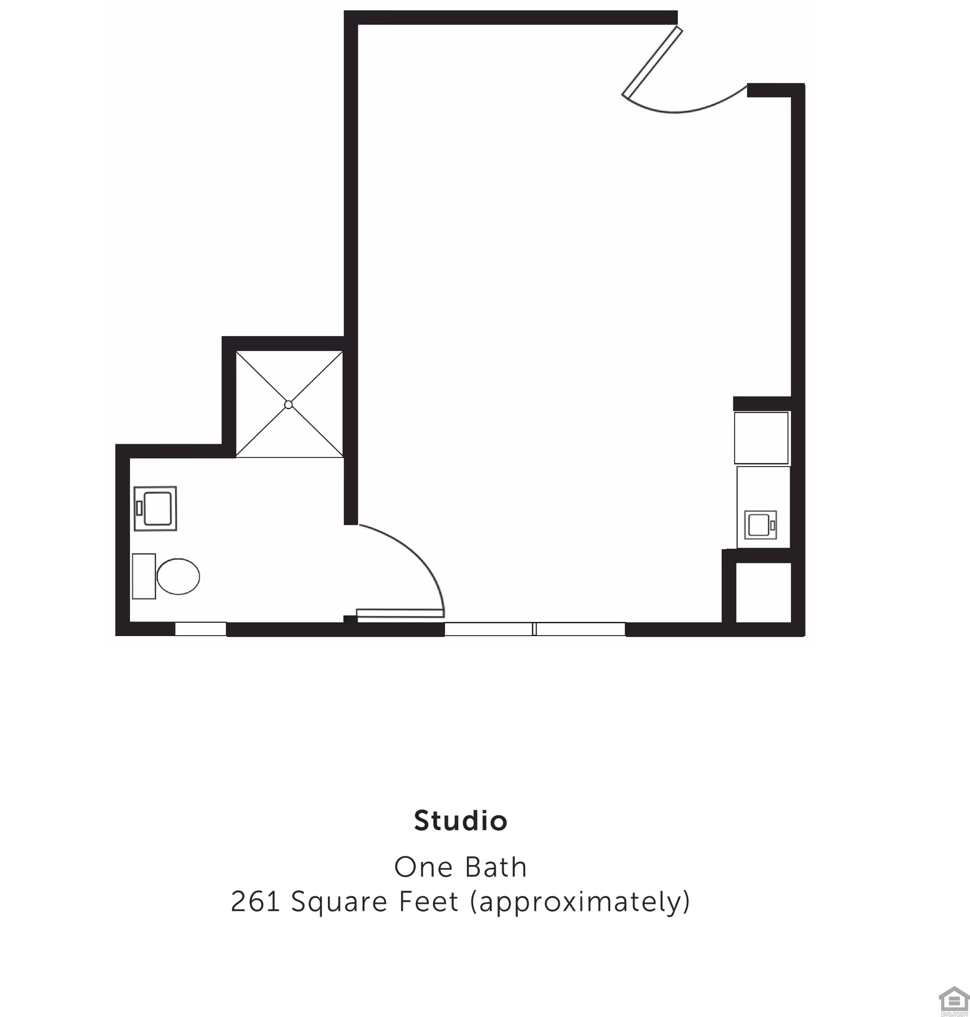 Floor plan of a studio apartment with one bathroom, approximately 261 square feet. The layout shows an entry door leading into the main living area, a bathroom with a toilet, sink, and shower, and a small kitchenette area.