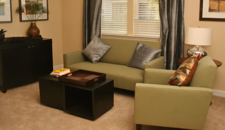 A cozy living room with a green sofa and matching armchair, both adorned with decorative pillows. A black coffee table with a tray and books sits in front of the sofa. Behind the sofa are windows with white blinds and gray curtains. To the left, there is a black cabinet with a decorative vase and framed artwork on the wall. A table lamp with a white shade is on a small round table next to the armchair.
