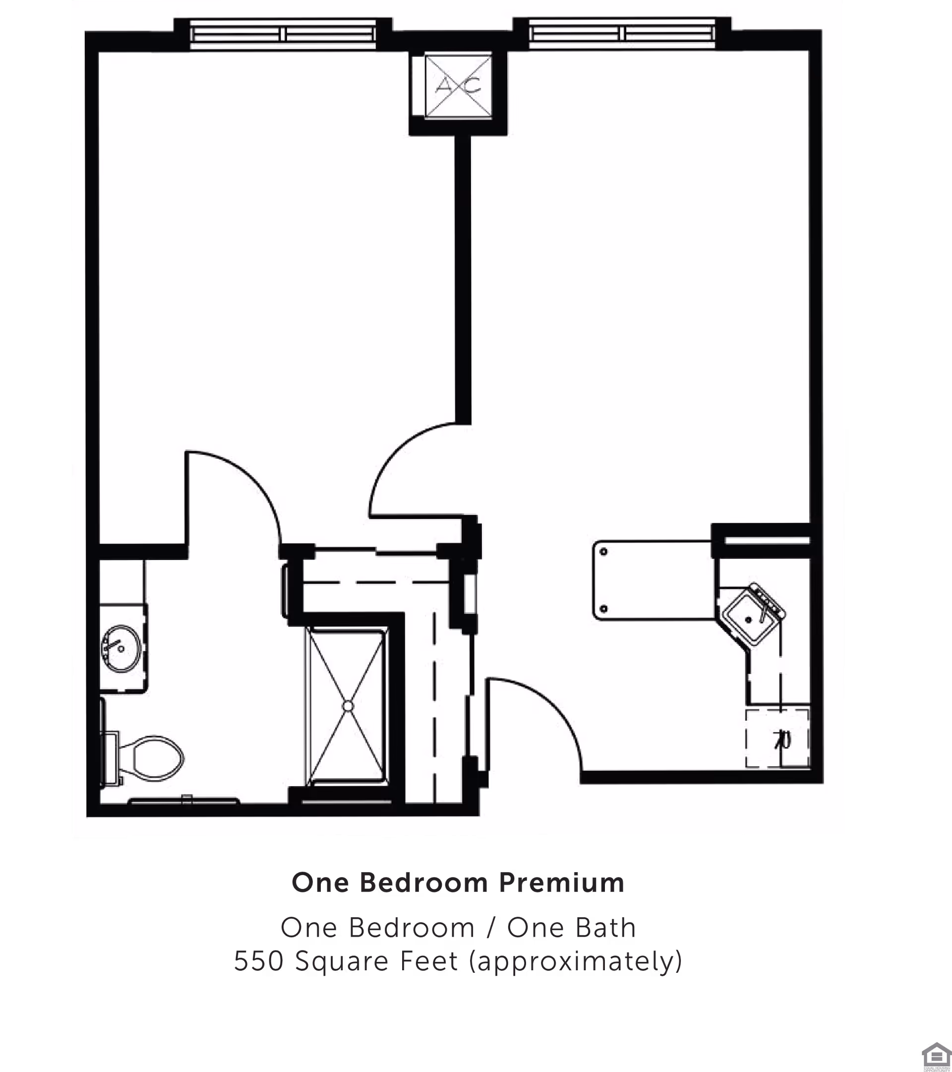 Floor plan of a one-bedroom premium apartment with one bedroom, one bathroom, and approximately 550 square feet. The layout includes a bathroom with a toilet and sink, a bedroom, and a living area with a kitchen corner featuring a sink and counter space.