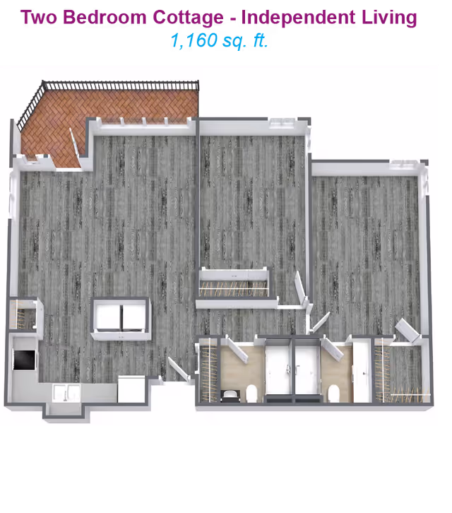 3D floor plan of a two-bedroom cottage for independent living with 1,160 square feet. The layout includes two bedrooms, two bathrooms, a kitchen area, a living space, and an outdoor patio with brick flooring and railing.