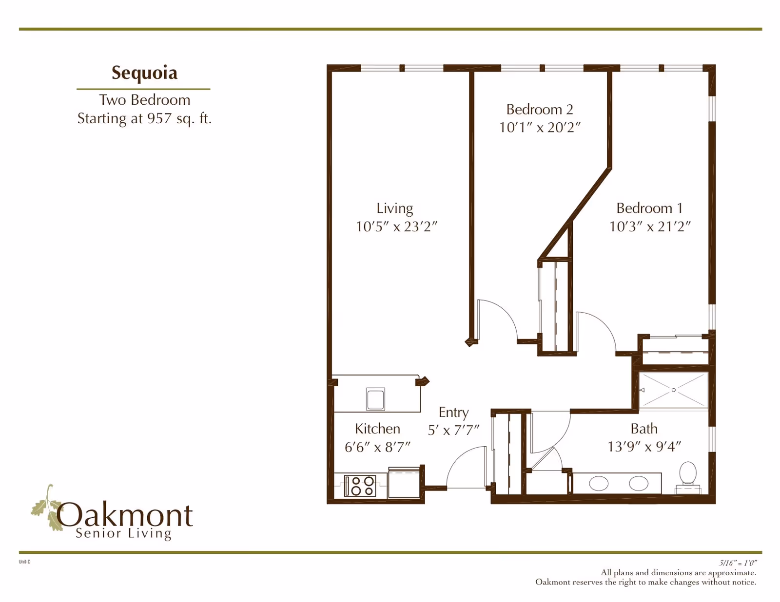 Floor plan of Sequoia two-bedroom apartment at Oakmont Senior Living, showing dimensions for living room, kitchen, entry, two bedrooms, and bathroom.