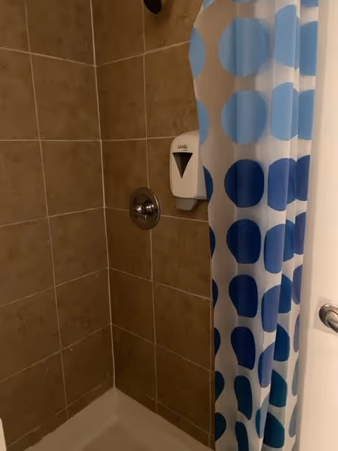 Shower area with brown tiled walls, a silver shower control knob, a white soap dispenser mounted on the wall, and a shower curtain with blue and light blue circular patterns.