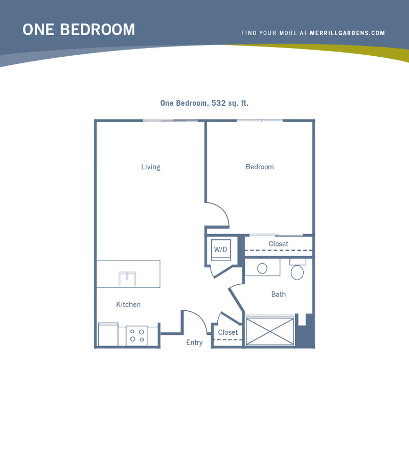 Floor plan of a one-bedroom apartment with 532 square feet, showing a living room, bedroom, kitchen, bathroom, entry, closets, and washer/dryer area.