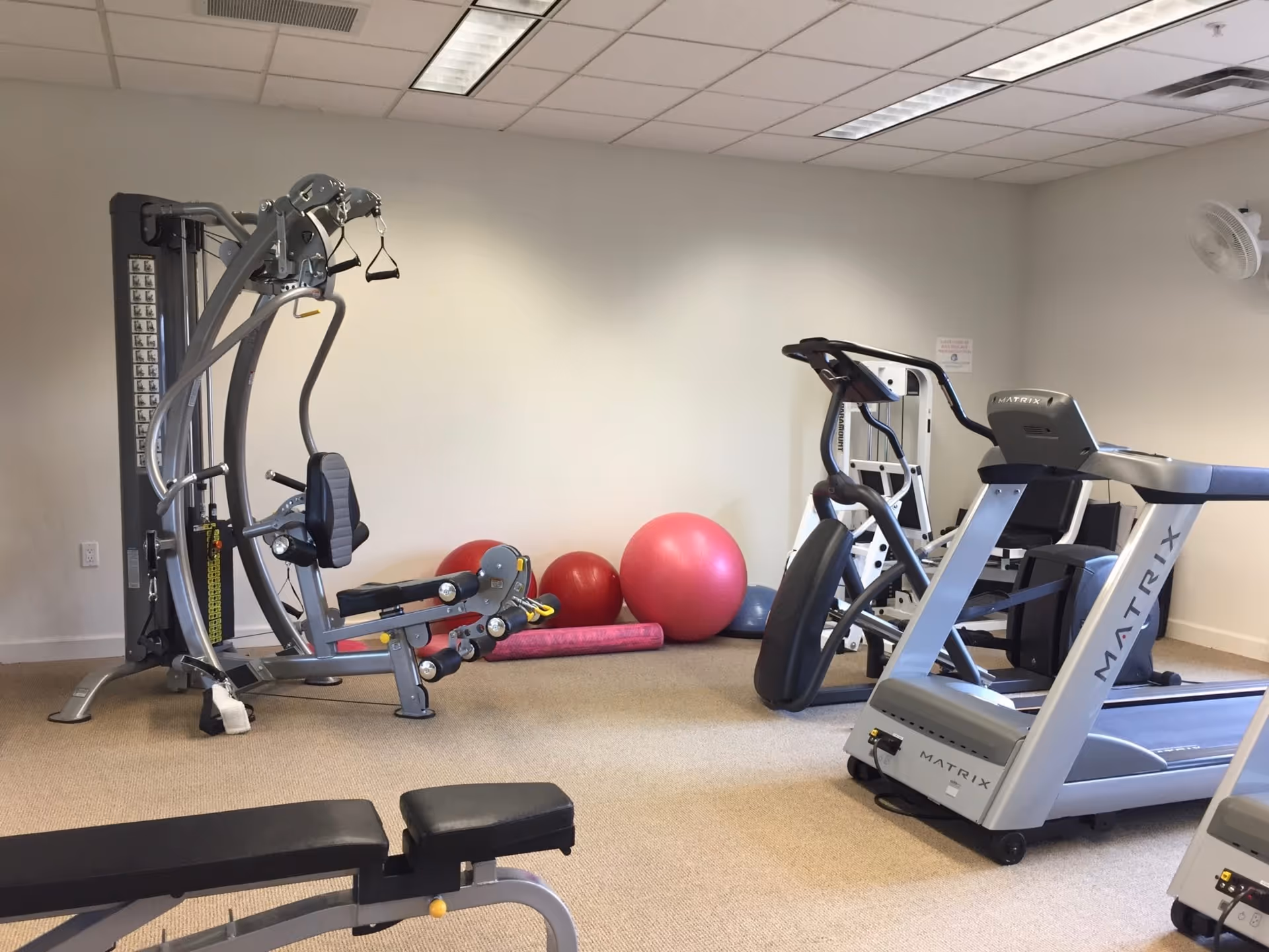 Fitness room with a weight machine, treadmill, exercise bike, bench and several exercise balls.