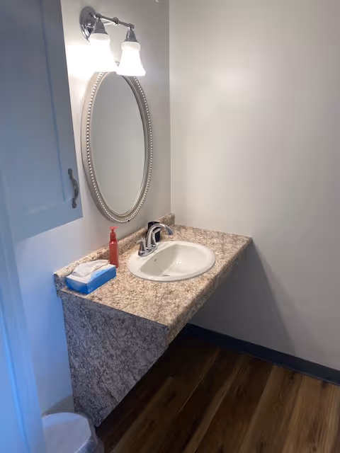 Wall-mounted bathroom vanity with an oval mirror, dual-light fixture, sink set in a marble-patterned countertop, soap dispenser and tissues, and wood-look flooring.