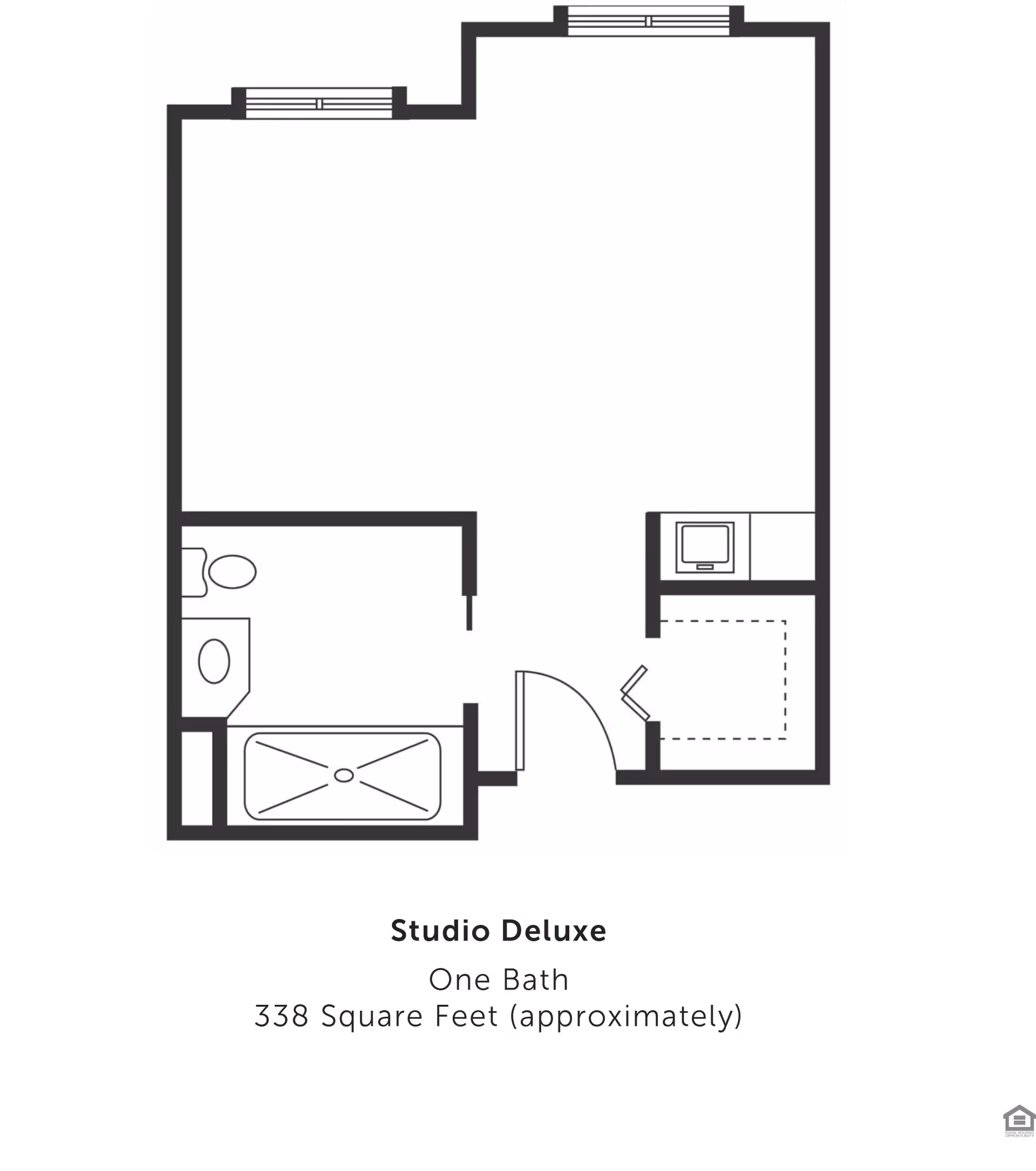 Floor plan of a Studio Deluxe apartment with one bathroom, approximately 338 square feet. The layout includes a bathroom with a bathtub, toilet, and sink, an entry door, and an open living/sleeping area with a small kitchenette.
