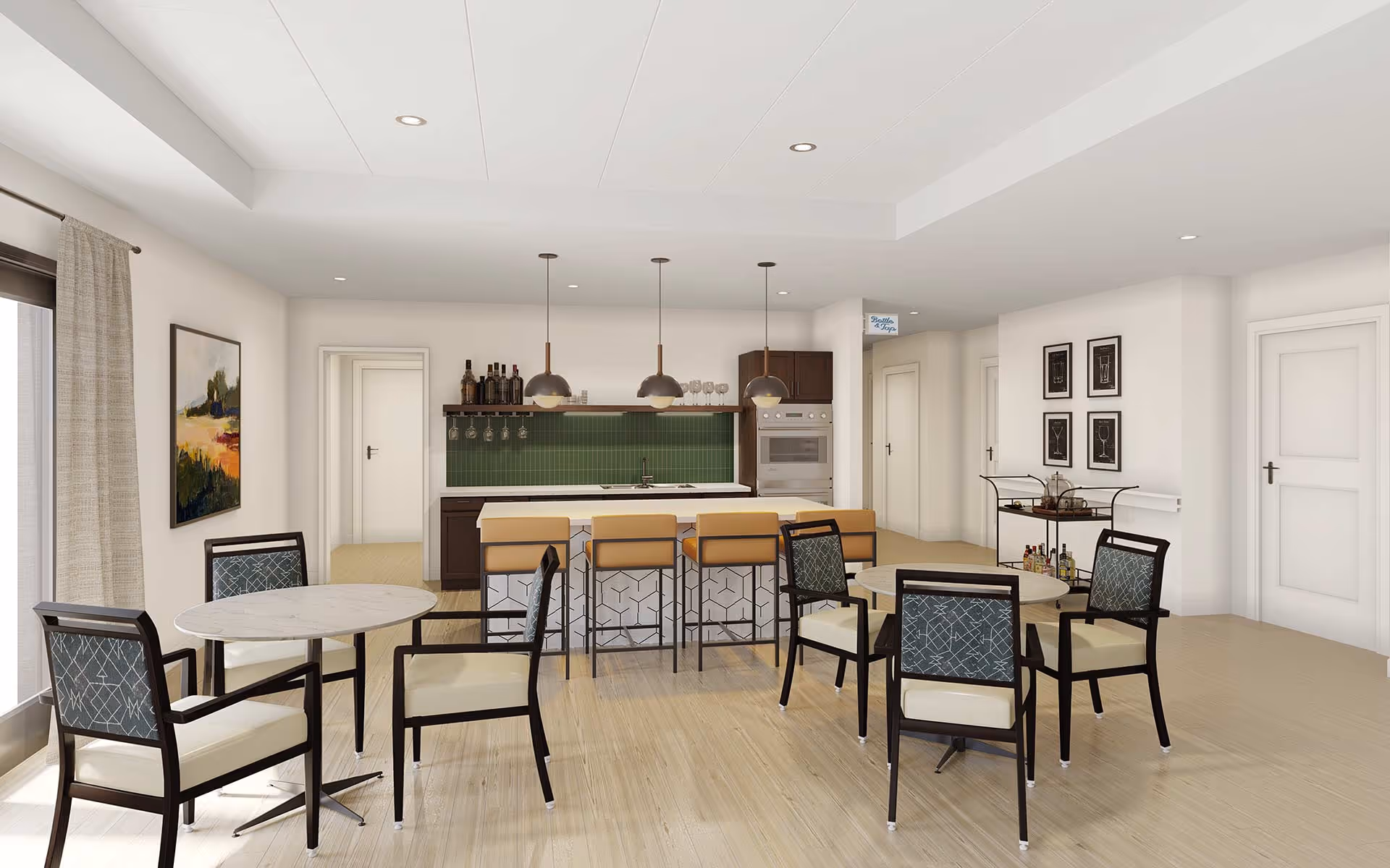 Bright and modern communal dining area with round tables and chairs, a kitchen island with bar stools, pendant lights, and a green tiled backsplash. The room has light wood flooring, white walls, and large windows with curtains allowing natural light to enter.