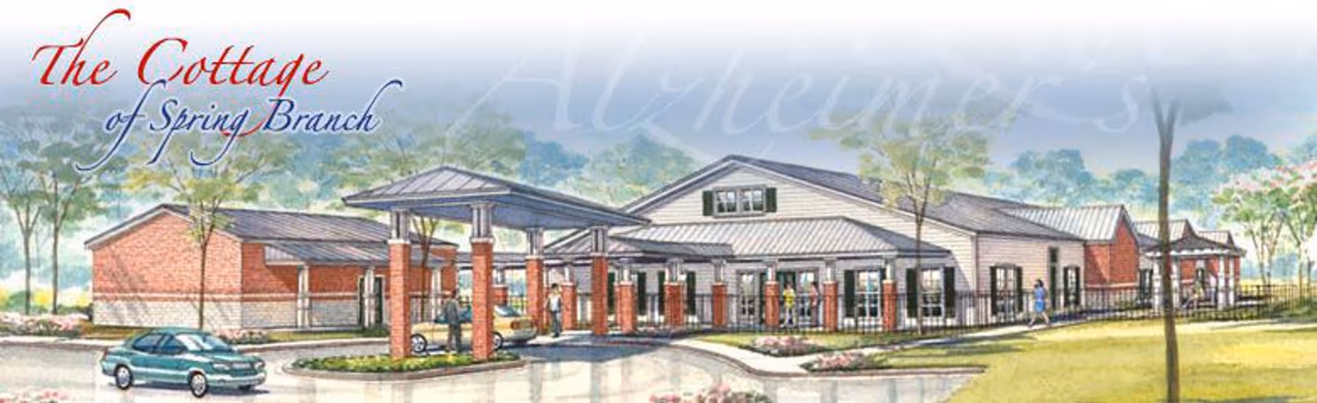 Illustration of the exterior of The Cottage of Spring Branch facility showing a single-story building with a covered entrance supported by brick columns, surrounded by trees and landscaping, with cars and people near the entrance.