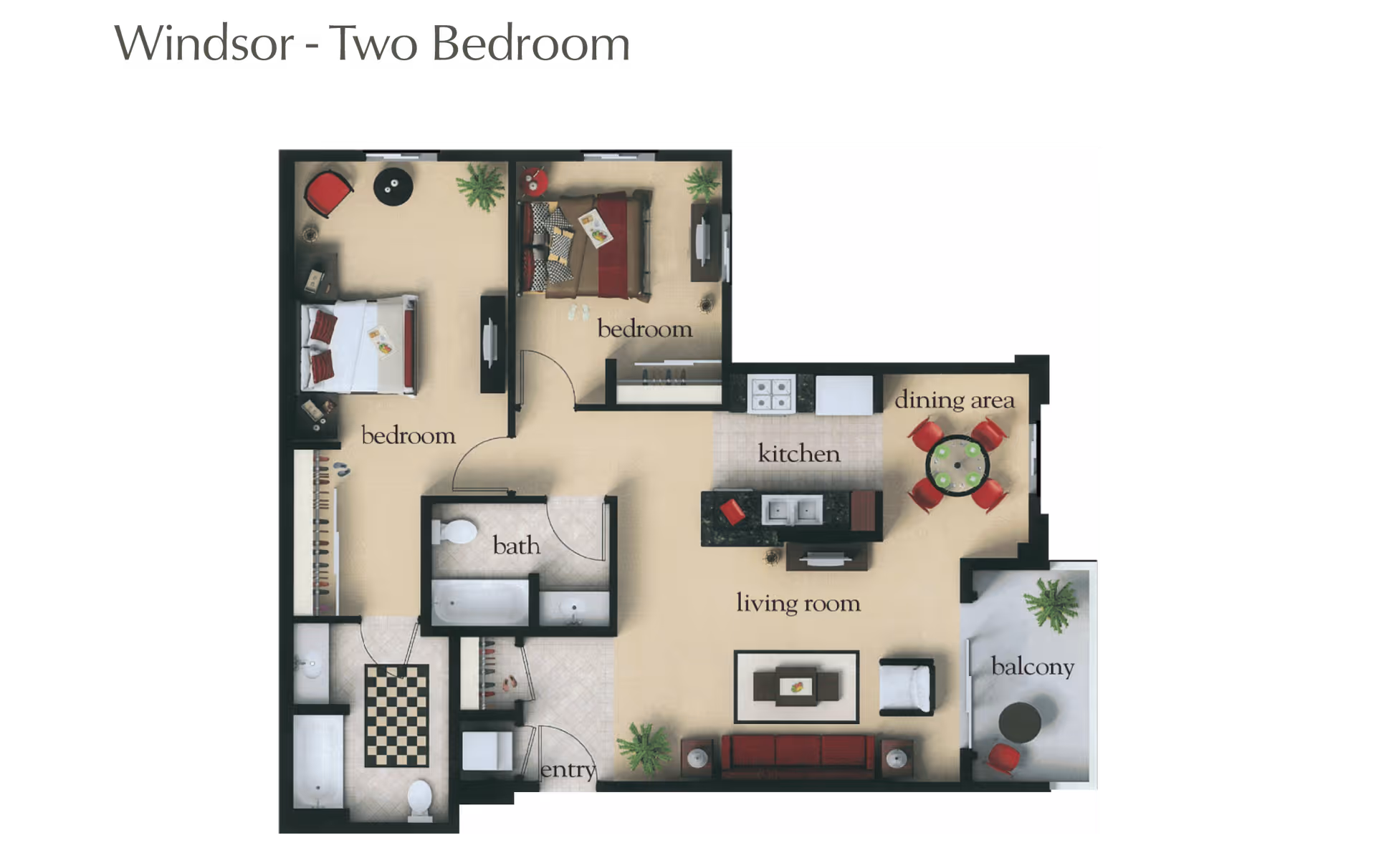 Floor plan of a two-bedroom apartment named Windsor, showing two bedrooms, a bathroom, kitchen, dining area, living room, entry, and balcony with furniture and plants.