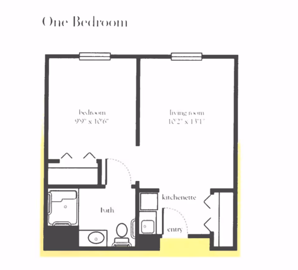 Floor plan of a one-bedroom apartment showing a bedroom measuring 9 feet 9 inches by 10 feet 6 inches, a living room measuring 10 feet 2 inches by 13 feet 1 inch, a bath, a kitchenette, and an entry area.
