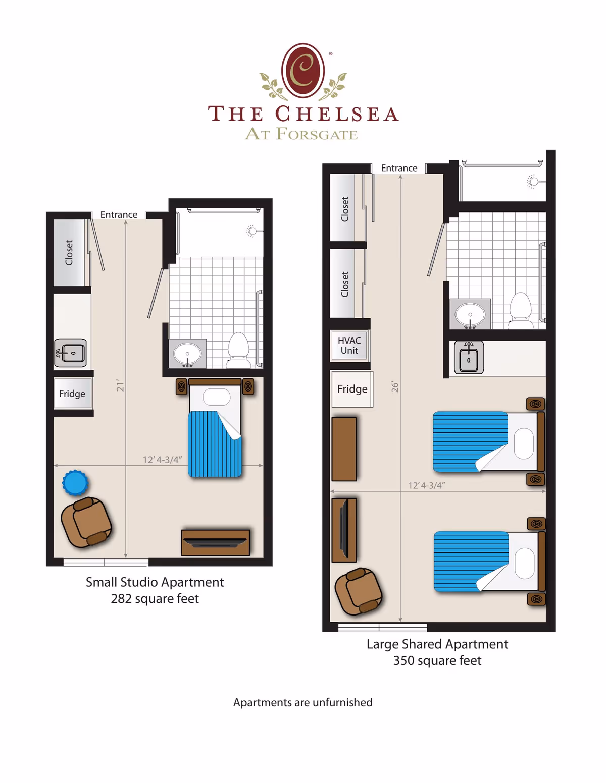 Floor plans for two types of apartments at The Chelsea at Forsgate: a small studio apartment of 282 square feet with a single bed, closet, fridge, bathroom, and living area; and a large shared apartment of 350 square feet with two beds, two closets, an HVAC unit, fridge, bathroom, and living area. Both layouts show the entrance and approximate dimensions.