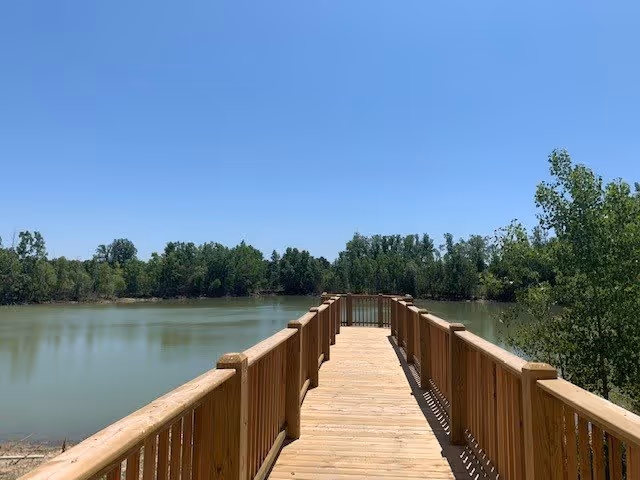 Wooden pier extending over a calm lake toward a tree-lined shore under a clear blue sky.