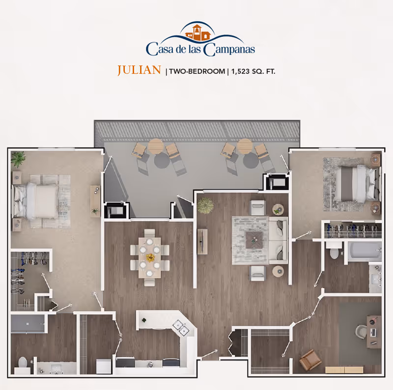 Floor plan of Casa de las Campanas Julian two-bedroom apartment with 1,523 square feet, showing two bedrooms, two bathrooms, a kitchen, dining area, living room, office, and a large balcony with outdoor seating.