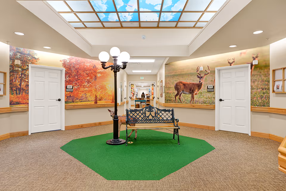Bright interior common hallway with a decorative bench and lamppost on a green carpet, flanked by nature murals and white doors.
