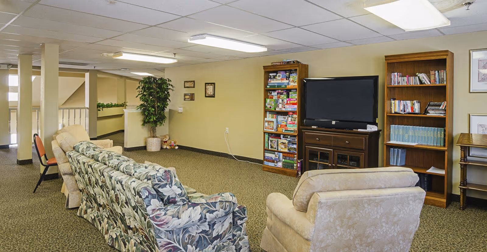 A cozy common area with floral patterned and beige upholstered sofas facing a flat-screen TV on a wooden stand. There are two wooden bookshelves filled with books and board games, a potted plant in the corner, and framed pictures on the wall. The room has a carpeted floor and a drop ceiling with fluorescent lighting.