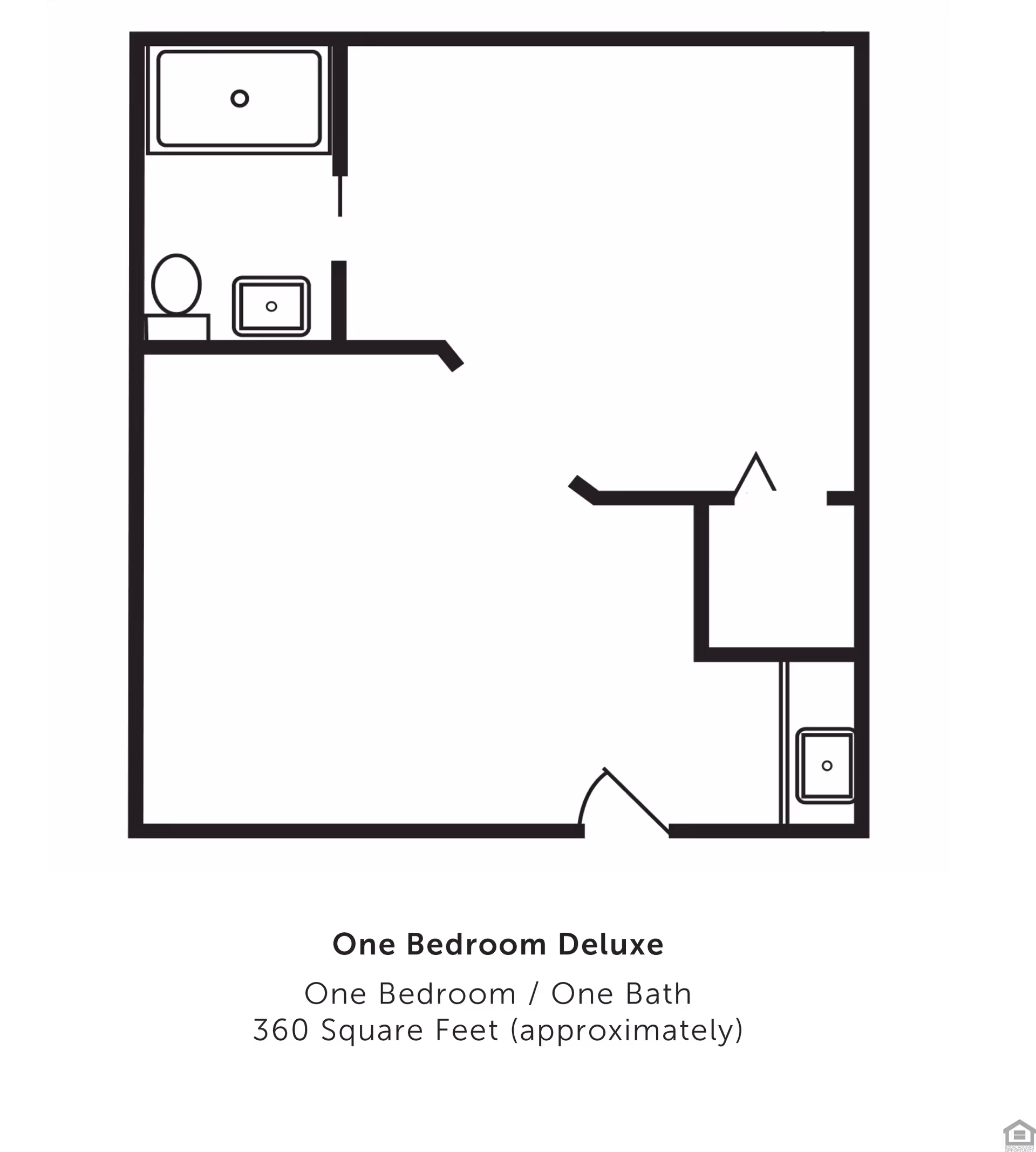 Black-and-white floor plan diagram labeled "One Bedroom Deluxe" showing a one-bedroom, one-bath 360 square-foot layout.