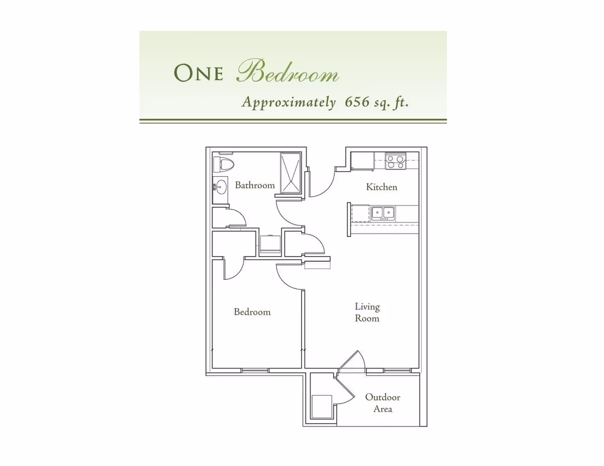 Floor plan drawing of a one-bedroom apartment labeled with kitchen, living room, bedroom, bathroom, and an outdoor area, approximately 656 sq. ft.