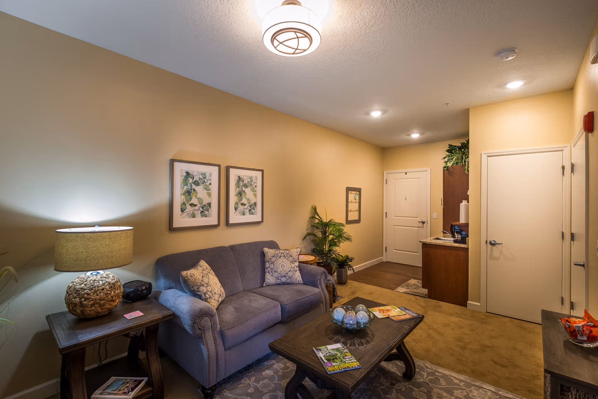 Cozy living room with a sofa, coffee table, lamp, wall art and an entry door in an apartment interior.