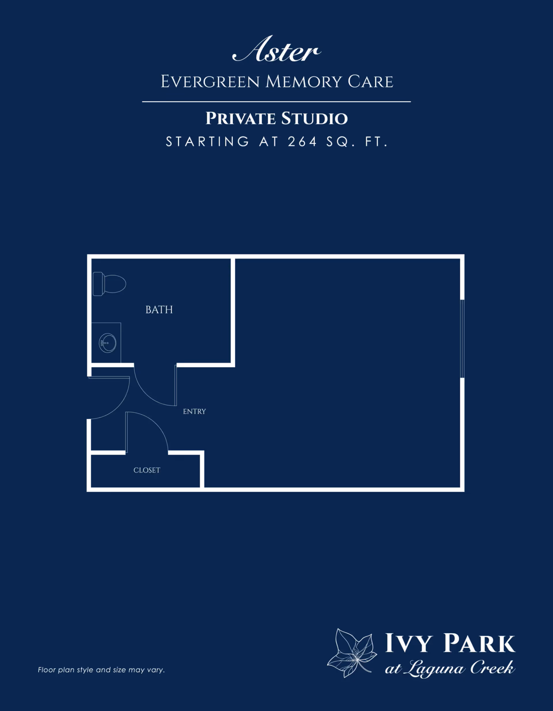 Floor plan of a private studio apartment named Aster at Ivy Park at Laguna Creek, featuring a bath, closet, and entry area, with a total starting size of 264 square feet.