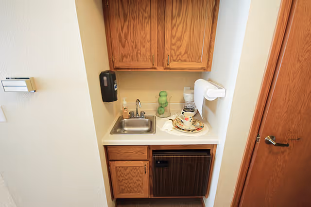 Small kitchenette area with a stainless steel sink, wooden cabinets above and below, a black soap dispenser mounted on the wall, a paper towel holder with a roll of paper towels, and a mini refrigerator underneath the counter. On the counter, there is a coffee pot, a cup on a saucer, a napkin, and a decorative green glass item.