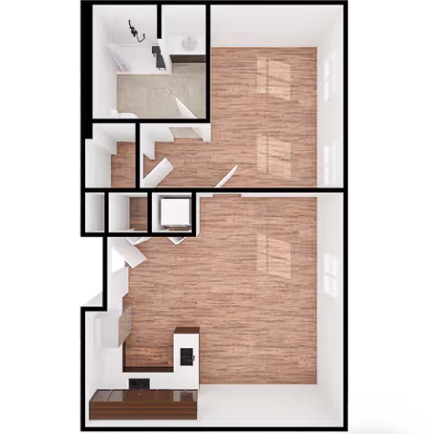 Top-down view of a one-bedroom apartment floor plan with wood flooring in the living and bedroom areas, a kitchen with cabinetry and appliances, and a bathroom with a shower, sink, and toilet.