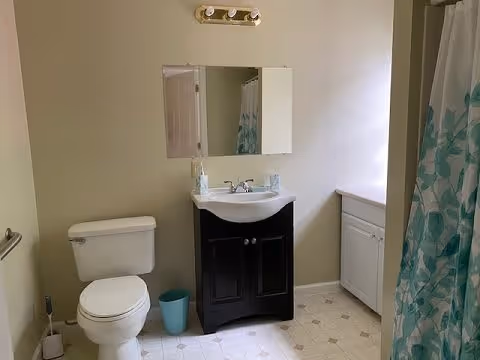 A bathroom with a white toilet, a black vanity with a white sink, a mirror above the sink, a light fixture with three bulbs above the mirror, a blue trash bin, a toilet brush, a white cabinet under a window, and a shower curtain with a blue and green leaf pattern.