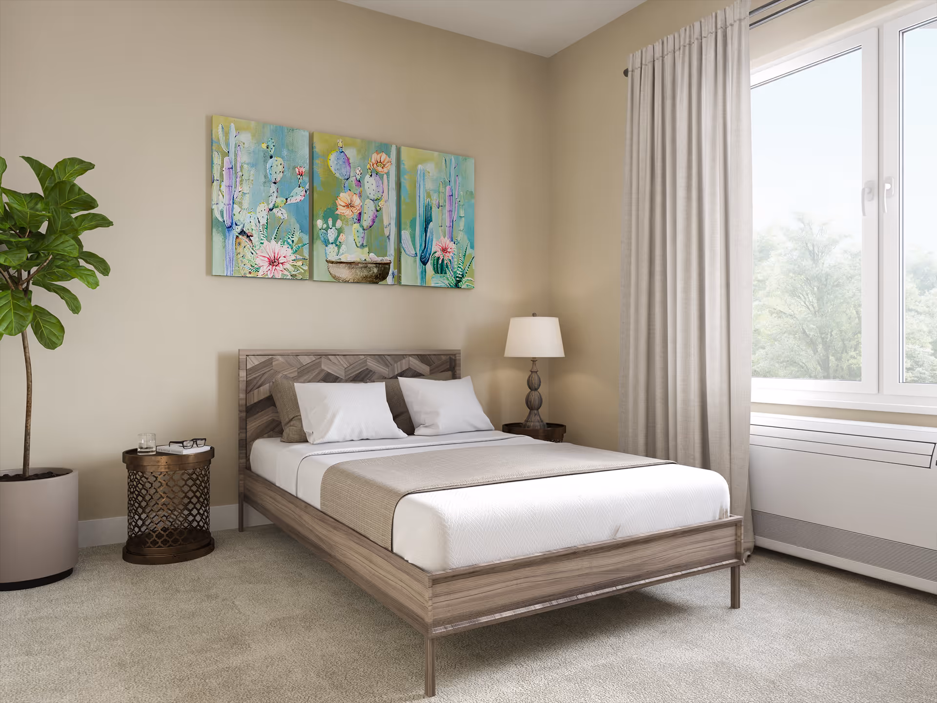 A bright bedroom with a wooden bed frame and white bedding, two pillows, a beige throw blanket, a side table with a glass of water and a book, a lamp on another side table, a large window with beige curtains, a potted plant, and three colorful cactus-themed paintings on the wall.