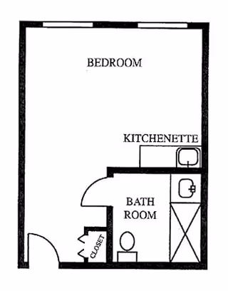 Black and white floor plan of a small living space labeled The Aristocrat, showing a bedroom area, a kitchenette, a bathroom with a toilet, sink, and shower, and a closet near the entrance.