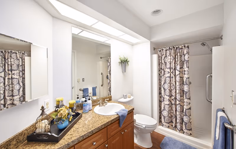 Bright bathroom with a granite countertop, wooden cabinets, a white sink, and a large mirror above. There is a decorative tray with candles and flowers on the counter. A toilet is next to the counter, and a shower with a patterned curtain is visible. Blue towels hang on the wall and the shower door handle is visible.