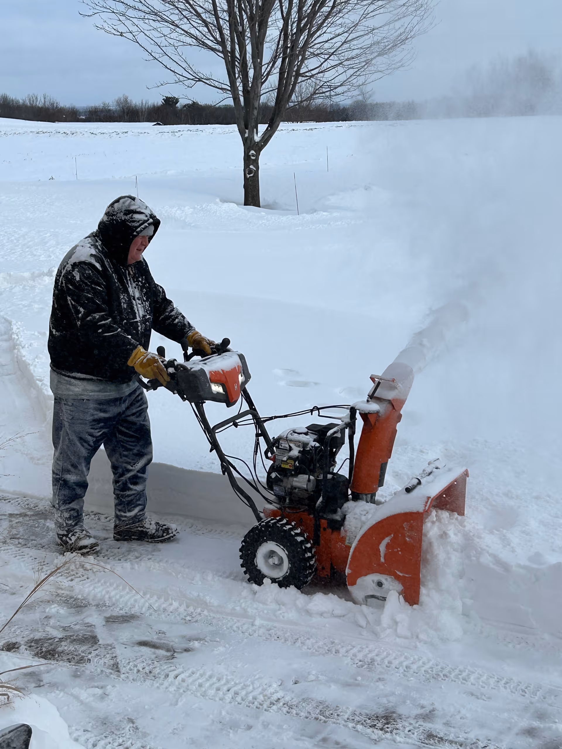 A person dressed in winter clothing operates a red snow blower to clear snow from a driveway. Snow is being thrown to the side, and the surrounding area is covered in snow with a leafless tree in the background.