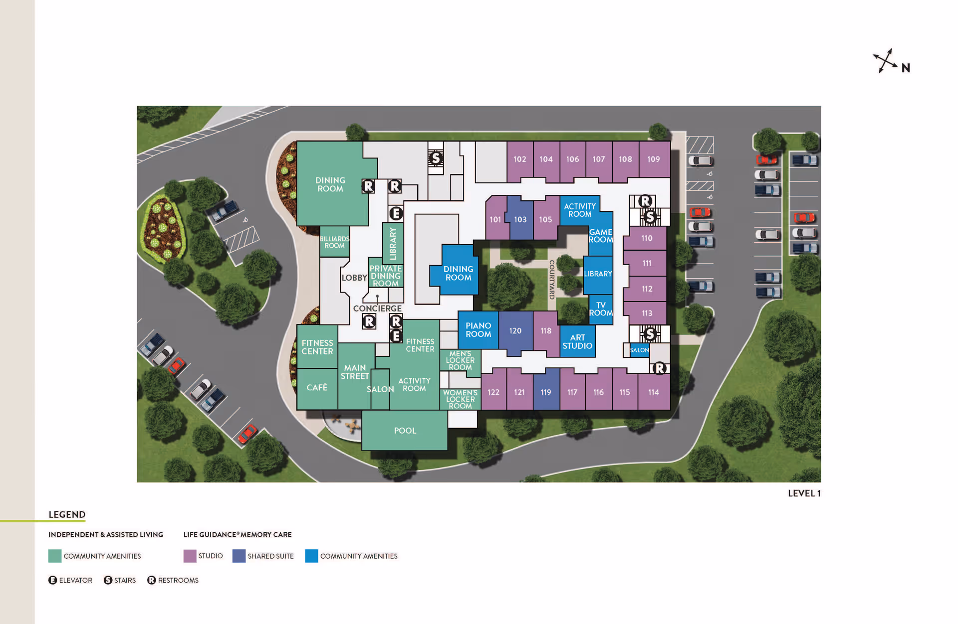 Floor plan of Atria Lincoln Place showing community amenities, studio and shared suite living areas, including dining rooms, fitness center, activity rooms, library, art studio, pool, salon, and various resident rooms. The layout also includes parking areas and landscaping around the building.