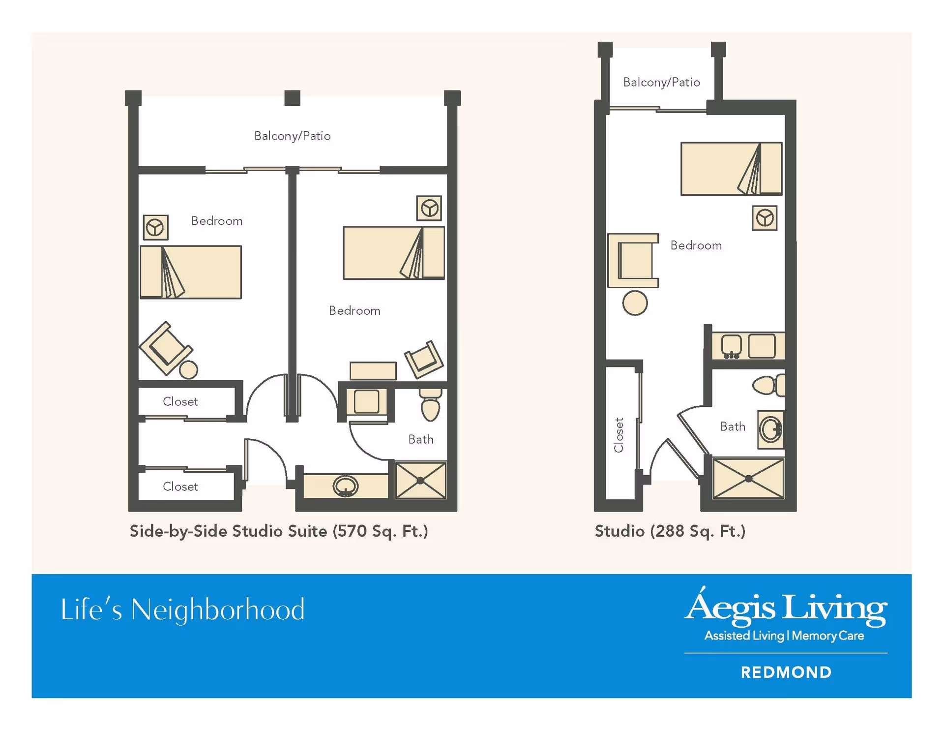 Floor plans of two types of studio suites at Aegis Living Redmond. The left plan shows a Side-by-Side Studio Suite with two bedrooms, two closets, a shared bathroom, and a balcony/patio, totaling 570 square feet. The right plan shows a Studio with one bedroom, a closet, a bathroom, and a balcony/patio, totaling 288 square feet. Both layouts include furniture arrangements.