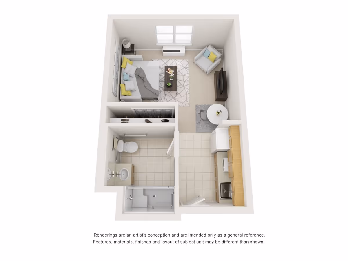 3D floor plan of a small apartment unit featuring a combined living and bedroom area with a bed, armchair, coffee table, and TV. Adjacent to this is a kitchen with appliances and a small dining table with two chairs. There is a separate bathroom with a toilet, sink, and shower.