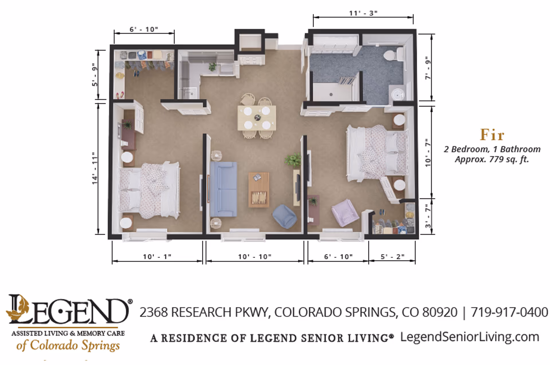 Floor plan of a two-bedroom, one-bathroom apartment named Fir at Legend of Colorado Springs. The layout includes two bedrooms, a bathroom with a shower, a kitchen area, a dining area with a table and four chairs, and a living room with a sofa, chair, coffee table, and TV. Dimensions for each room are indicated.