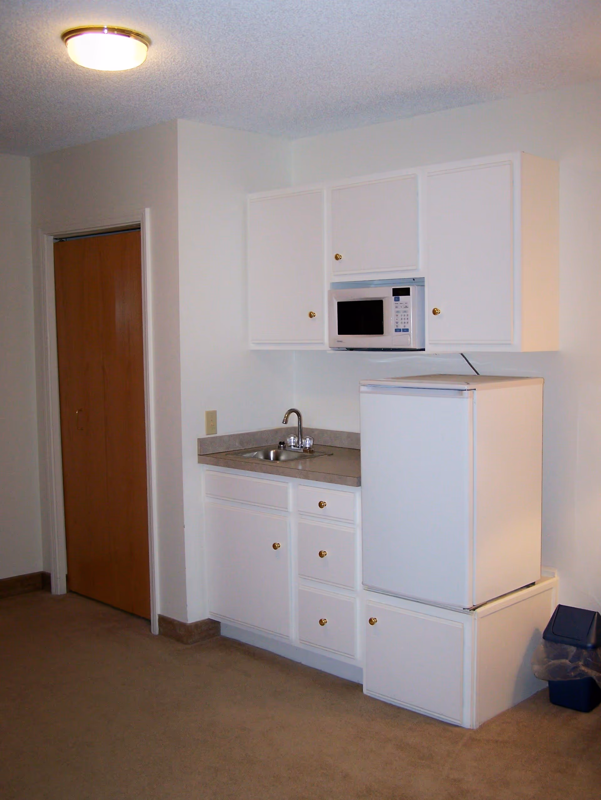Small kitchenette area with white cabinets, a countertop with a sink, a microwave mounted above, and a compact refrigerator. There is a wooden door to the left and a small trash bin on the floor to the right.