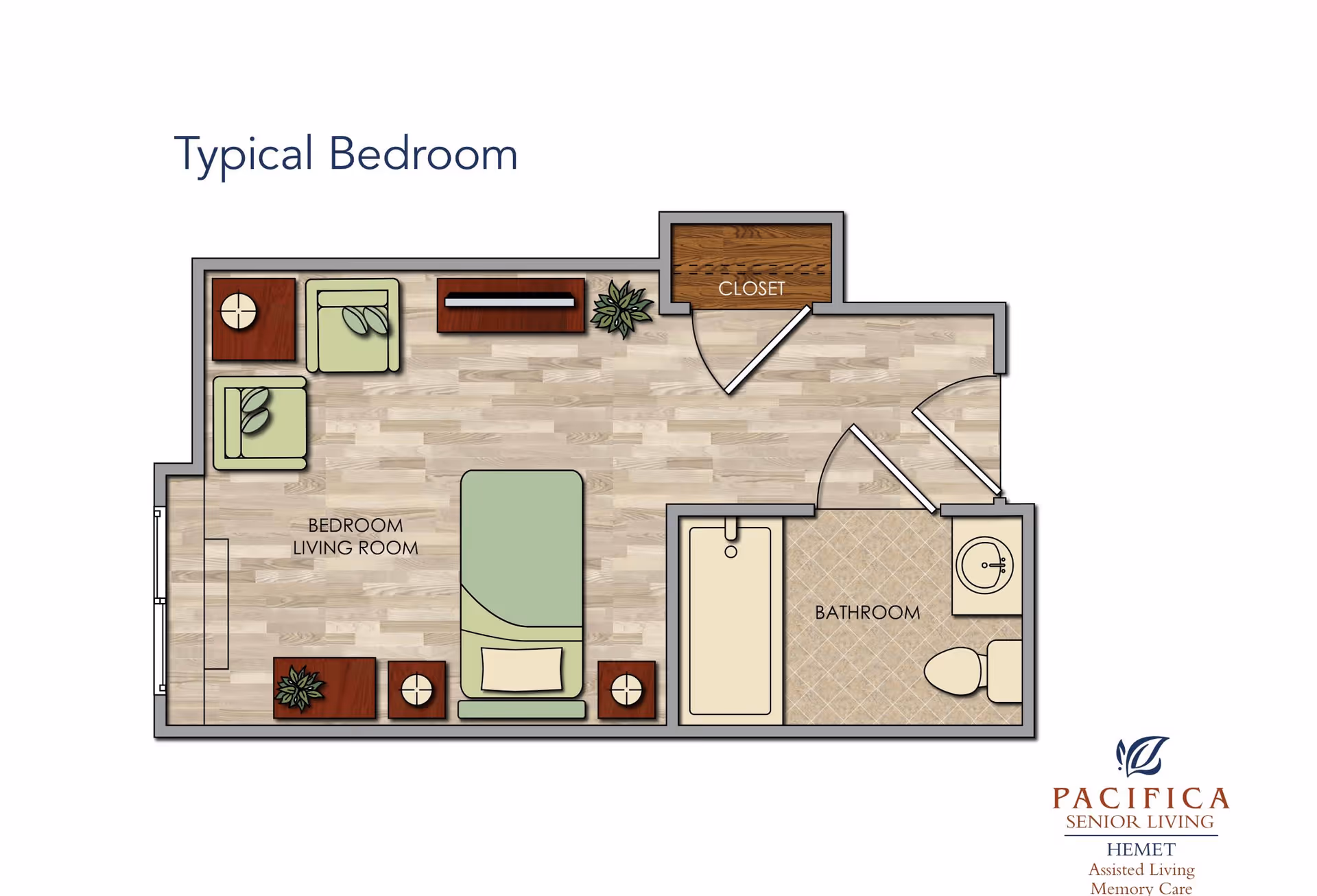Floor plan labeled 'Typical Bedroom' showing a combined bedroom and living room area with a bed, two chairs, a TV stand, side tables, plants, a closet, and an adjacent bathroom with a bathtub, toilet, and sink.