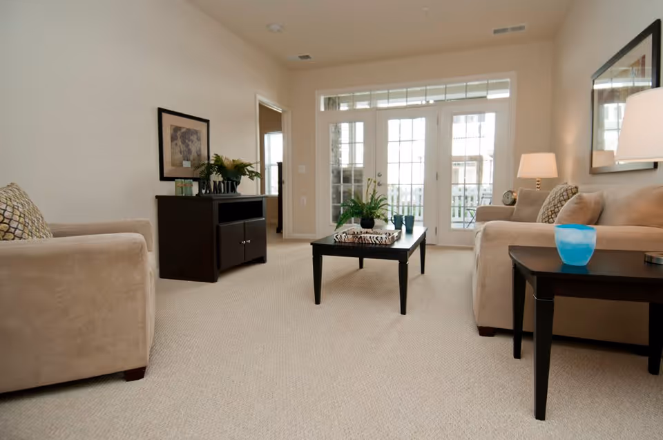 A bright living room with beige carpet and walls, featuring two beige sofas with patterned cushions, a black coffee table with a plant and decorative items, a black side table with a blue glass, a black cabinet with plants and a framed picture above it, and large glass doors leading outside.