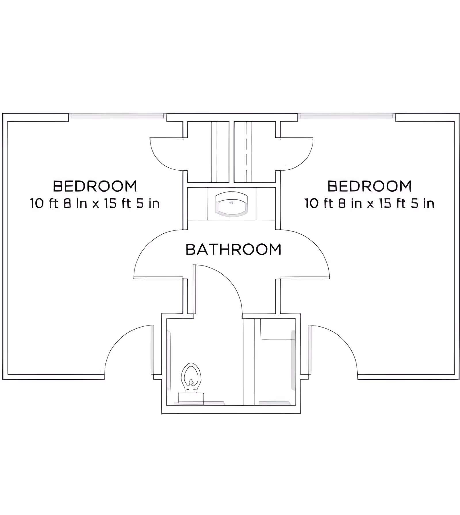 Architectural floor plan showing two bedrooms each measuring 10 ft 8 in by 15 ft 5 in, connected by a central bathroom area with a sink and toilet.