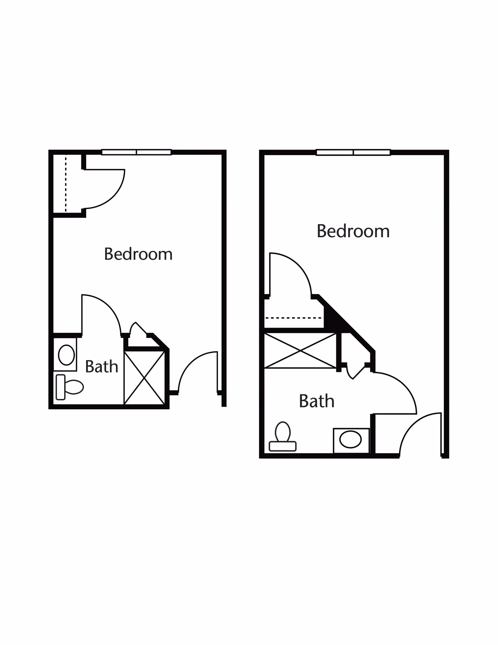 Two black and white architectural floor plans showing layouts of a bedroom and a bathroom in each plan. Each plan includes labeled areas for Bedroom and Bath with doors and fixtures indicated.